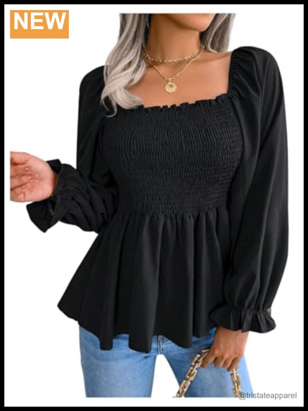 Women's Square Neck Smocked Peplum Top Long Sleeve Ruffle Blouse